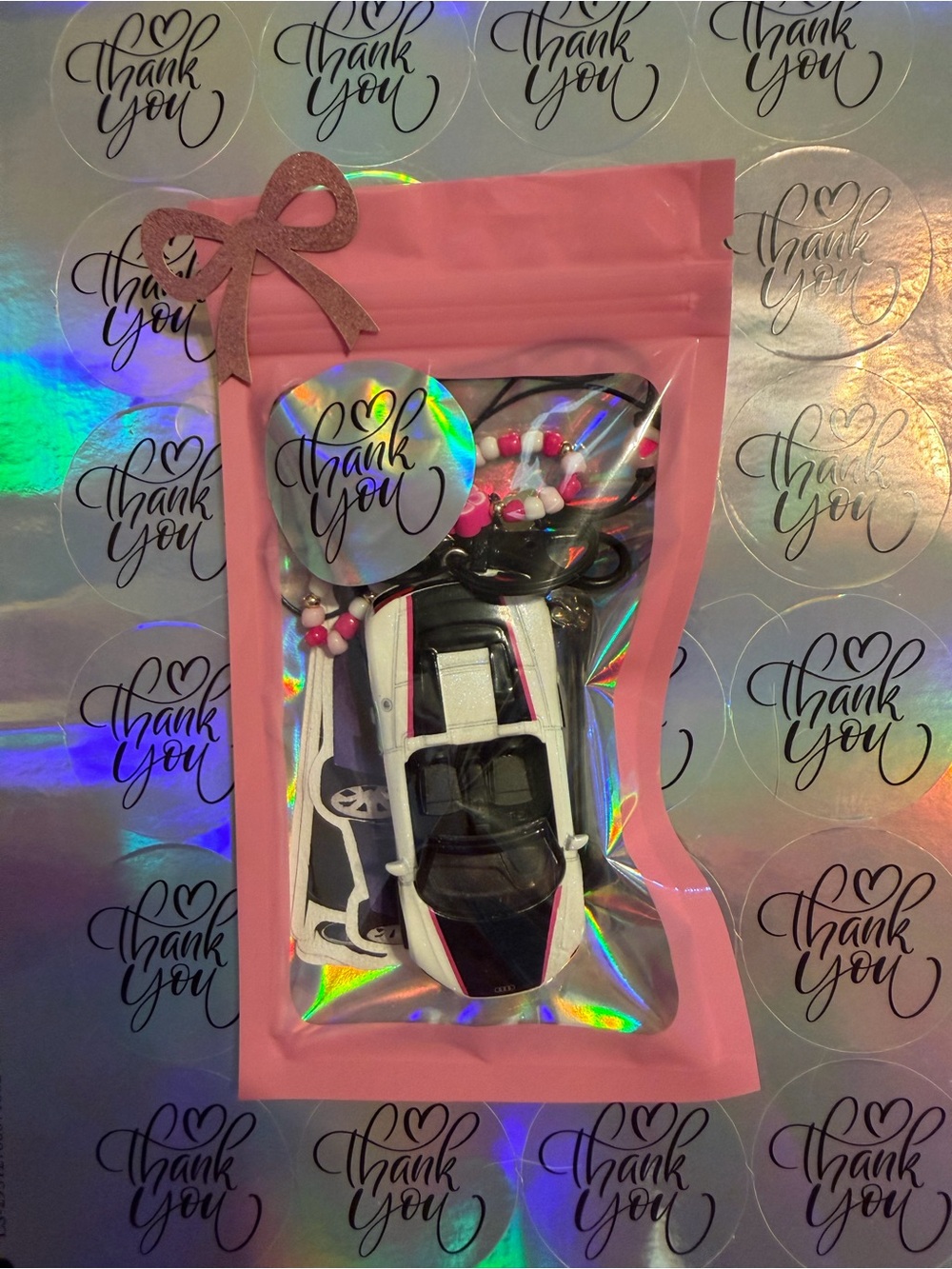 Cute! White & Black Sports Car Keychain with Pink Accent